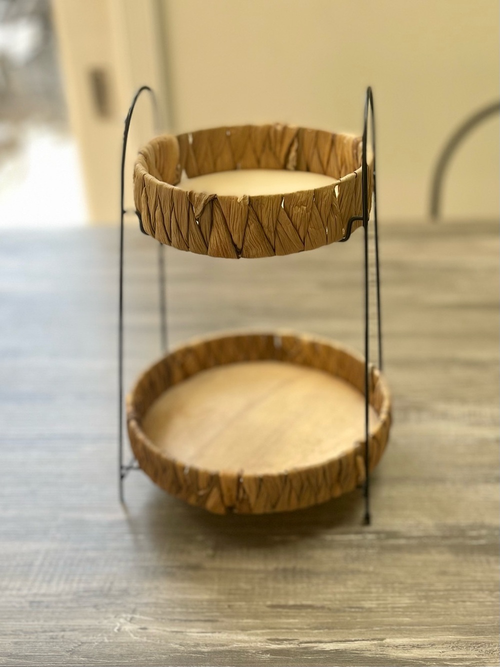 Two-Tier Woven Rattan Serving Stand in Natural Brown